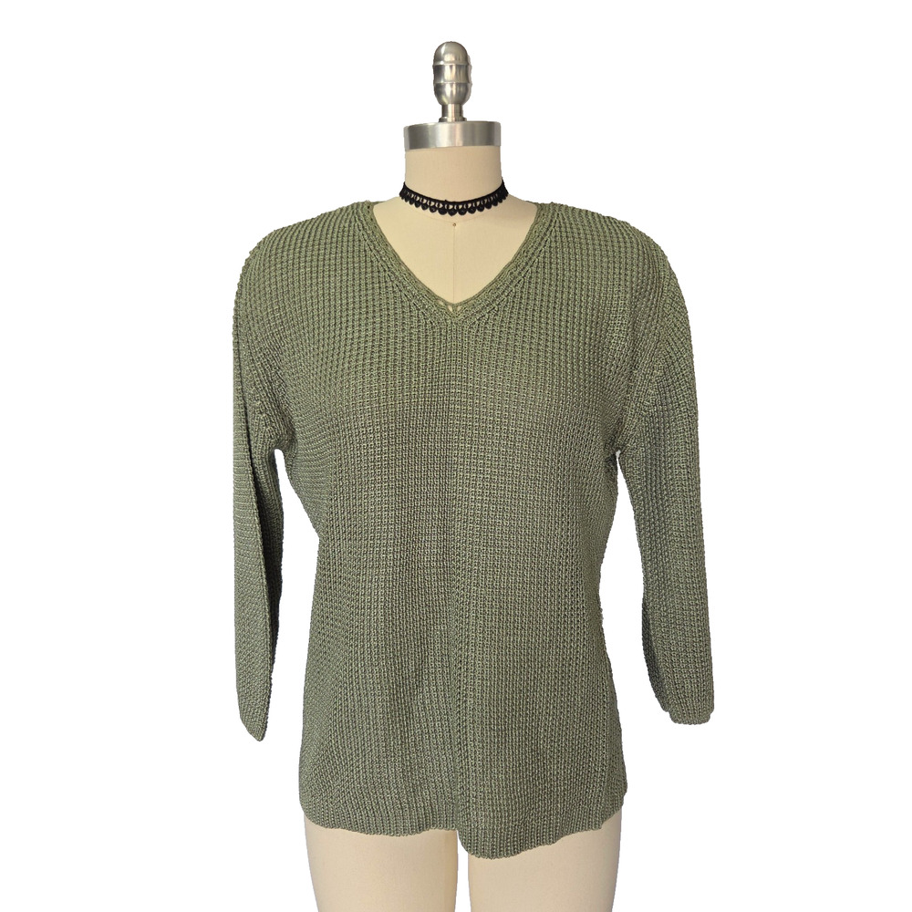 Khaisilk 100% Silk Sweater Size M L Sage Green 3/4 Sleeve V Neck Knit Vintage